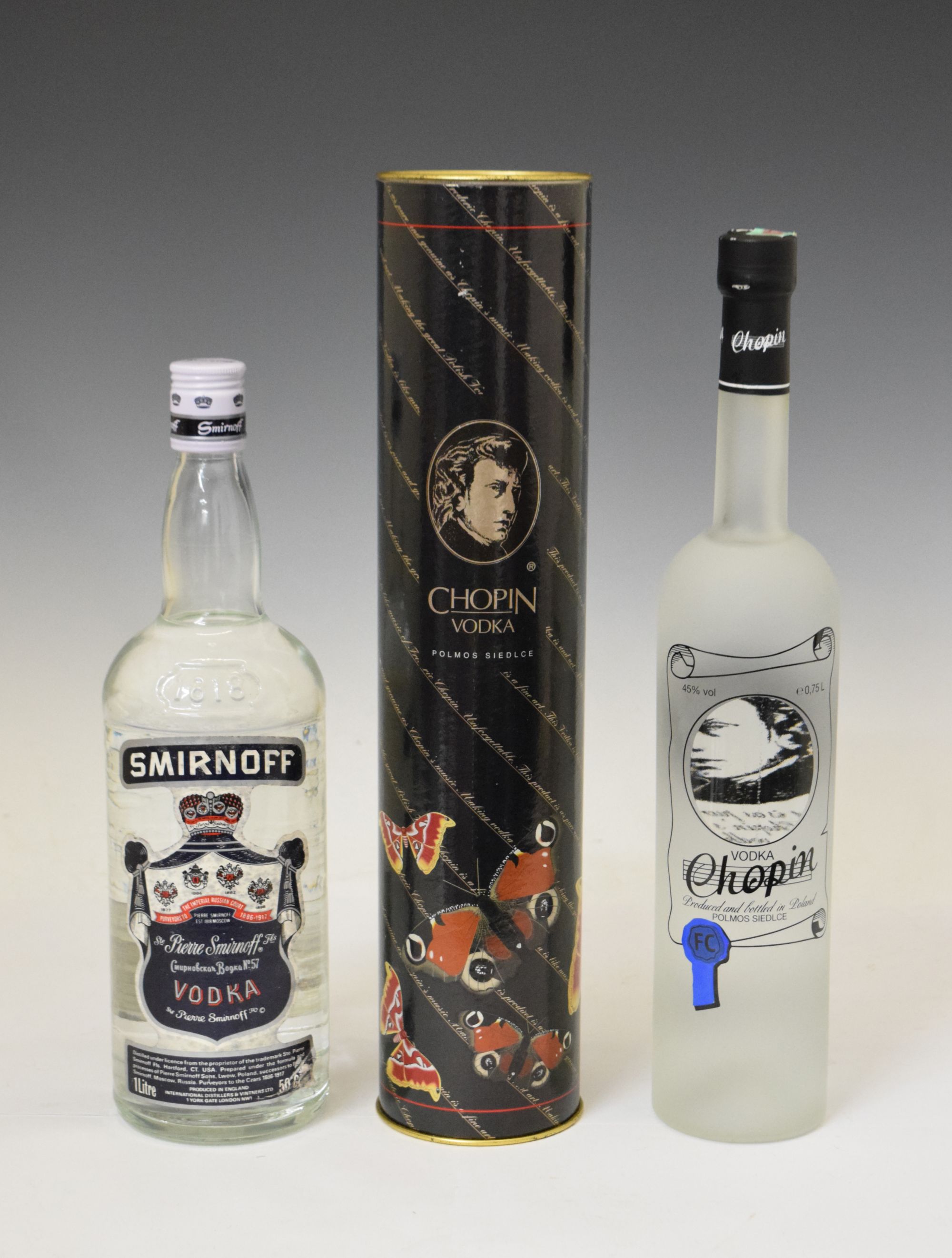 Lot 842 - Smirnoff blue label vodka, and Chopin Polmos