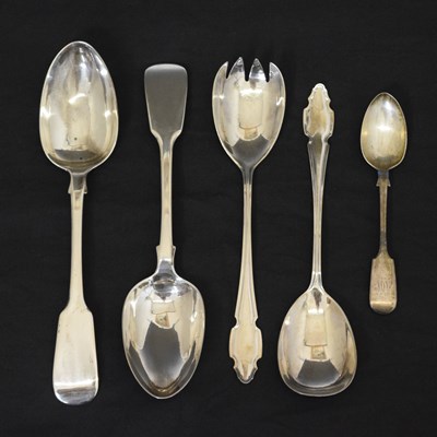 Lot 227 - Cased set of George V silver salad servers, pair of early Victorian tablespoons, and a teaspoon