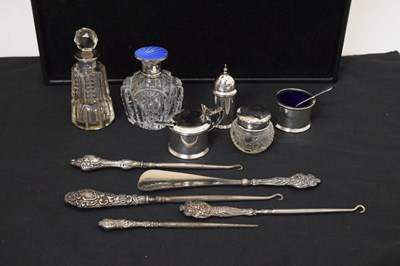 Lot 143 - Quantity of silver capped dressing requisites, silver handled button hooks, etc