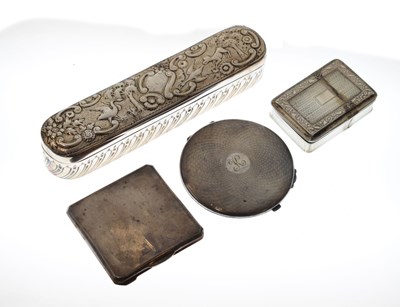 Lot 152 - Late Victorian silver hat pin box, Georgian rectangular snuff box with hinged lid, and two compacts