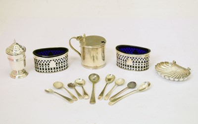 Lot 153 - George V silver cylindrical mustard pot, pedestal salt, scallop dish, etc