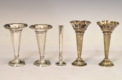 Lot 136 - Two pairs of silver trumpet vases, and an Elizabeth II silver solifleur vase