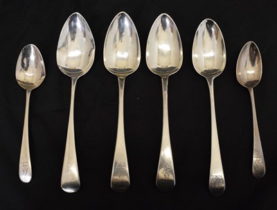 Lot 266 - Pair of George III silver tablespoons, London 1805, two tablespoons, and a pair of dessert spoons