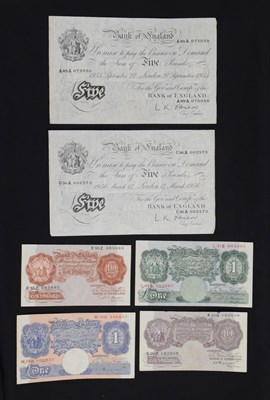 Lot 153 - Two 1950s white five  pound notes, etc