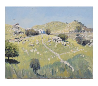 Lot 349 - John Stops R.W.A. (1925-2002) - Oil on canvas - Landscape with church