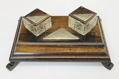 Lot 193 - Edward VII silver mounted mahogany inkstand with a pair of cut glass inkwells