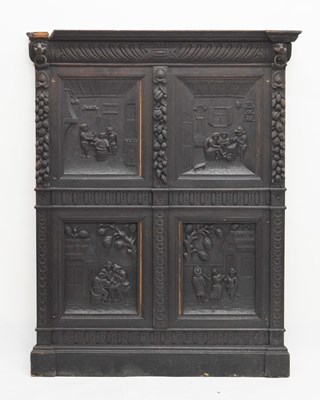 Lot 225 - Large late 19th century carved ebonised wooden four-panel relief with figures