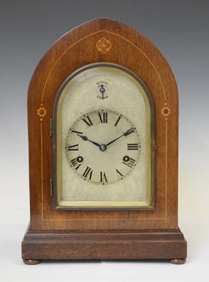 Lot 741 - German inlaid mahogany lancet arch bracket clock, circa 1900