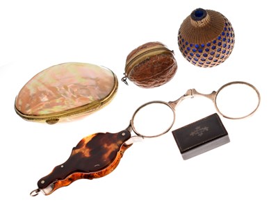 Lot 319 - Victorian tortoiseshell lorgnettes, walnut shell games case, mother-of-pearl shell case, etc