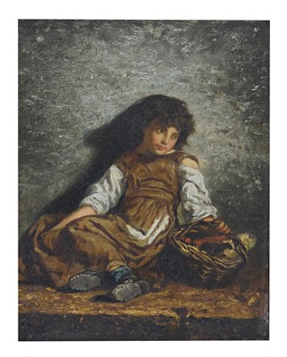 Lot 384 - After Guido Reni Bach (1828-1905) - Oil on board - Girl with Basket of Puppies