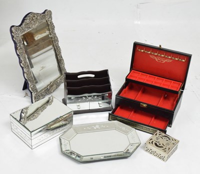 Lot 214 - Large silvered easel mirror with moulded decoration, jewellery boxes, etc.