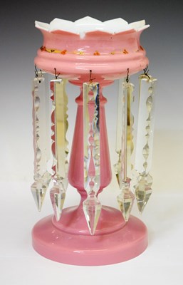 Lot 222 - Early 20th century pink lustre, together with drop lustre lamp and ceiling light