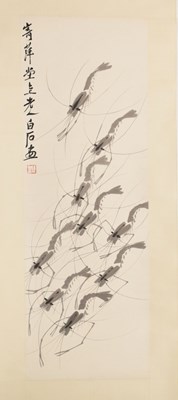 Lot 251 - Manner of Qi Baishi (1864 - 1957) - Chinese watercolour scroll, nine shrimps or crayfish