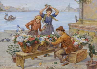 Lot 323 - Antonio Paoletti (Italian, 1834-1912)  - Watercolour - Flower seller, Venice