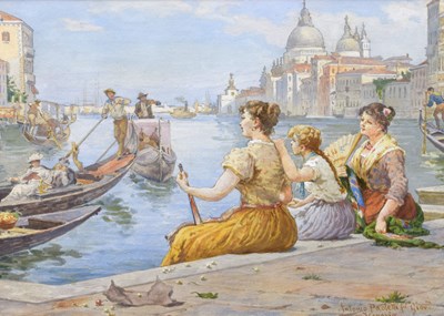 Lot 324 - Antonio Paoletti (Italian, 1834-1912) - Watercolour - Ladies before gondoliers