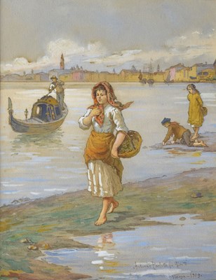 Lot 325 - Antonio Paoletti (Italian, 1834-1912) - Watercolour - Lady with basket, Venezia, 1909