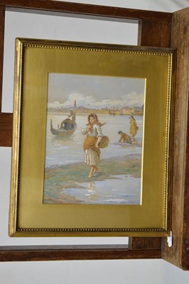 Lot 325 - Antonio Paoletti (Italian, 1834-1912) - Watercolour - Lady with basket, Venezia, 1909