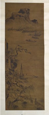 Lot 465 - Anonymous - Chinese watercolour scroll painting depicting a river landscape