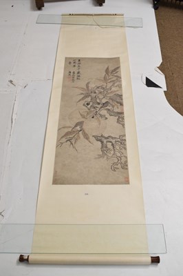 Lot 249 - Chinese watercolour scroll painting depicting foliage and fruit