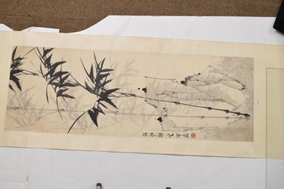 Lot 464 - Chinese watercolour scroll painting depicting bamboo with landscape behind