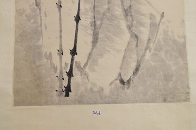 Lot 464 - Chinese watercolour scroll painting depicting bamboo with landscape behind