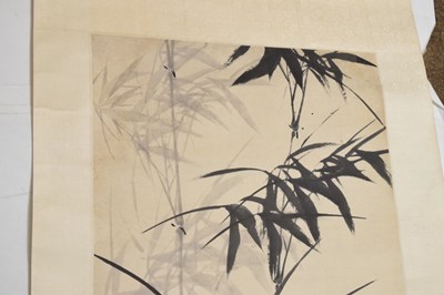 Lot 464 - Chinese watercolour scroll painting depicting bamboo with landscape behind