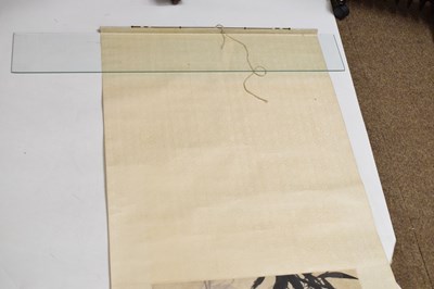 Lot 464 - Chinese watercolour scroll painting depicting bamboo with landscape behind