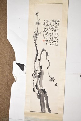 Lot 250 - Manner of Zhao Shao'ang, (1905-1998) - Chinese watercolour scroll painting depicting a plum tree