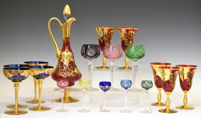 Lot 291 - Set of gilt overlay glasses and ewer, etc