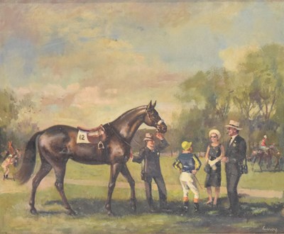 Lot 388 - John Gilroy (1898 -1985) - Oil on canvas - Racing horse scene with jockey