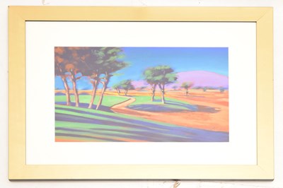 Lot 389 - Paul Powis - Acrylic on box canvas - Mountain landscape with trees