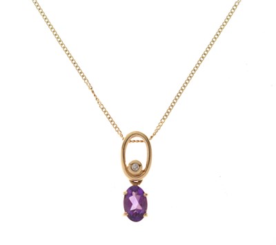 Lot 55 - Yellow metal, amethyst and diamond pendant with chain