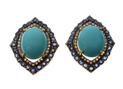 Lot 81 - Pair of diamond, sapphire and turquoise-set ear studs