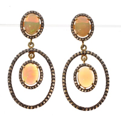 Lot 82 - Pair of diamond and opal silver-gilt chandelier style drop earrings
