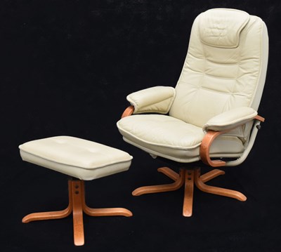 Lot 442 - Stressless-style cream leatherette swivel chair and footstool