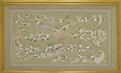 Lot 309 - Large modern Chinese silk of a landscape depicting cranes in flight