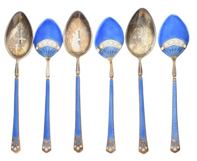 Lot 131 - Set of six George V silver demi tasse coffee spoons with blue and white enamel decoration