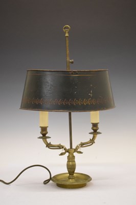 Lot 495 - French two-light brass bouillotte lamp with adjustable painted toleware shade