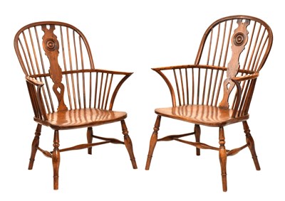 Lot 600 - Near pair of Thames Valley yew and elm Windsor armchairs