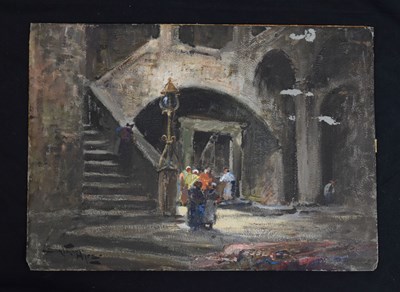 Lot 373 - Bartram Hiles (1872-1927) - Acrylic on paper - Figures in front of a staircase