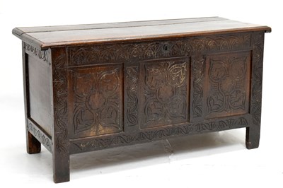 Lot 493 - 17th century oak three carved panel coffer/bedding chest