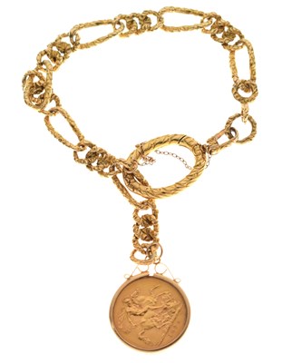 Lot 74 - Yellow metal figaro link bracelet attached a George V gold sovereign 1929