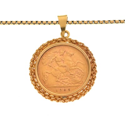Lot 61 - Edward VII gold half sovereign 1905 with 9ct gold pendant mount and chain