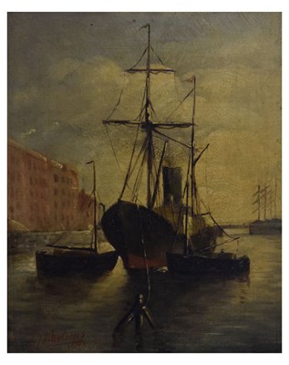 Lot 467 - G. Scholtens - Oil on board - Steamship moored at harbour