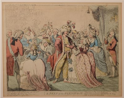 Lot 431 - Late 18th century coloured print - 'A Peep at the Plenipo-!!!'