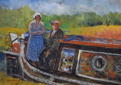 Lot 327 - Reg Gammon (1894-1997) - Oil on board - Canal boat couple