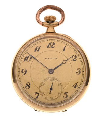 Lot 116 - Hamilton - 1920s gold-plated keyless open face pocket watch