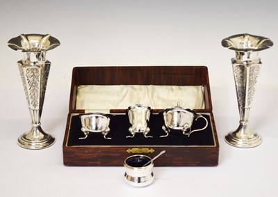 Lot 129 - Pair of Victorian silver bud vases, and condiment set