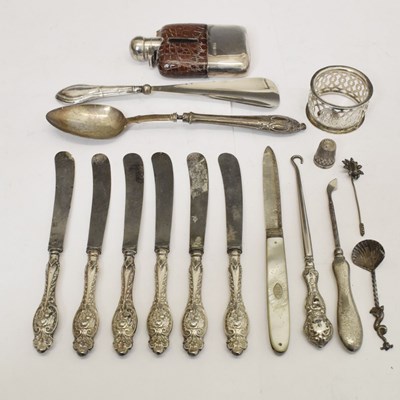 Lot 132 - Silver items to include George V silver mounted hip-flask, Georgian folding fruit knife, etc