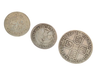 Lot 116 - Three silver milled coins, Charles II, William III, and Queen Anne